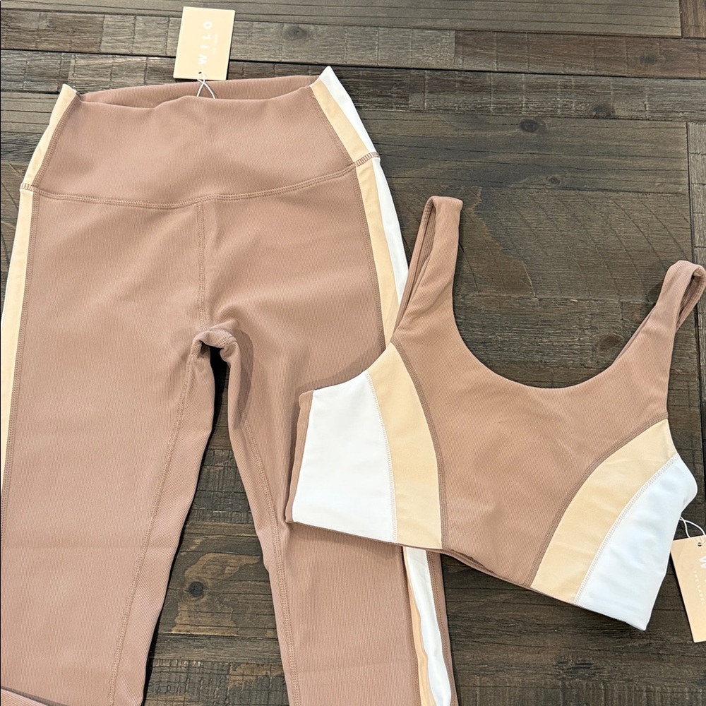 WILO The Label 2 Piece Sports Bra and Leggings Brown High Waist Stripe Ribbed S - Picture 4 of 16